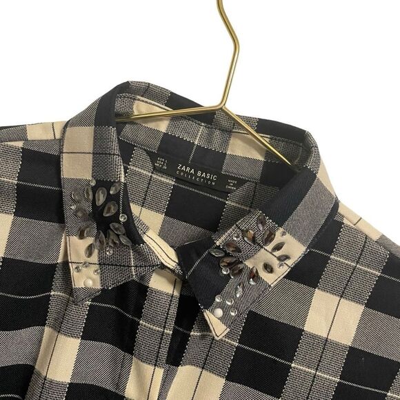 Zara Oversized Plaid Gem Rhinestone Collar Navy White Shirt Dress Size L - Picture 2 of 7